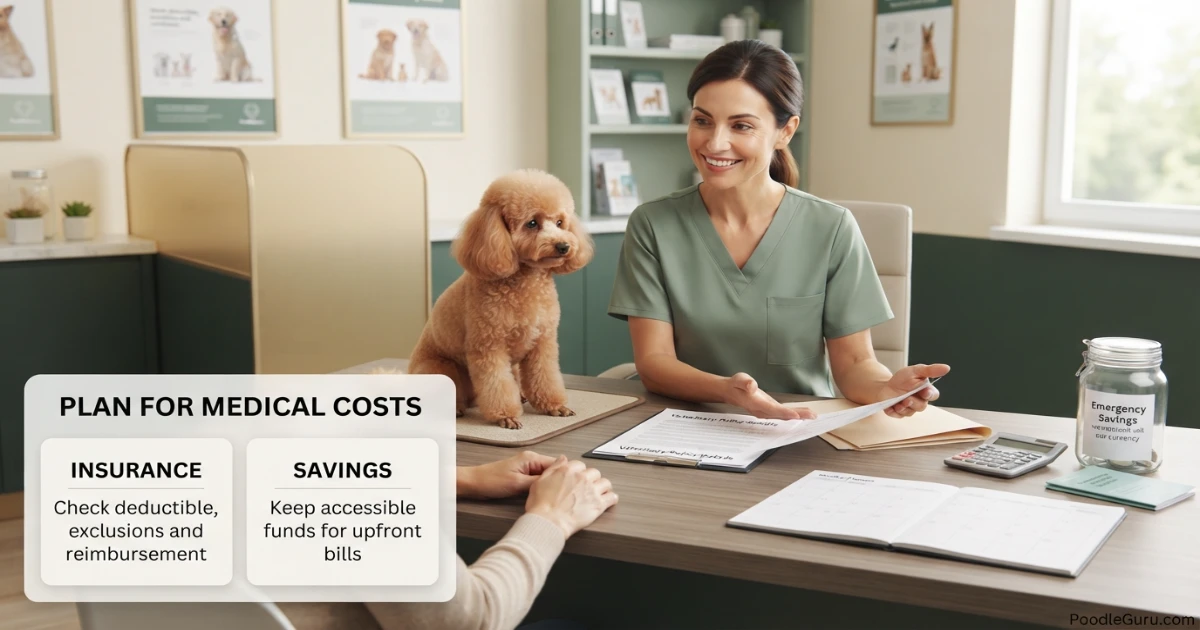 Poodle healthcare budget comparing pet insurance routine vet care and emergency savings