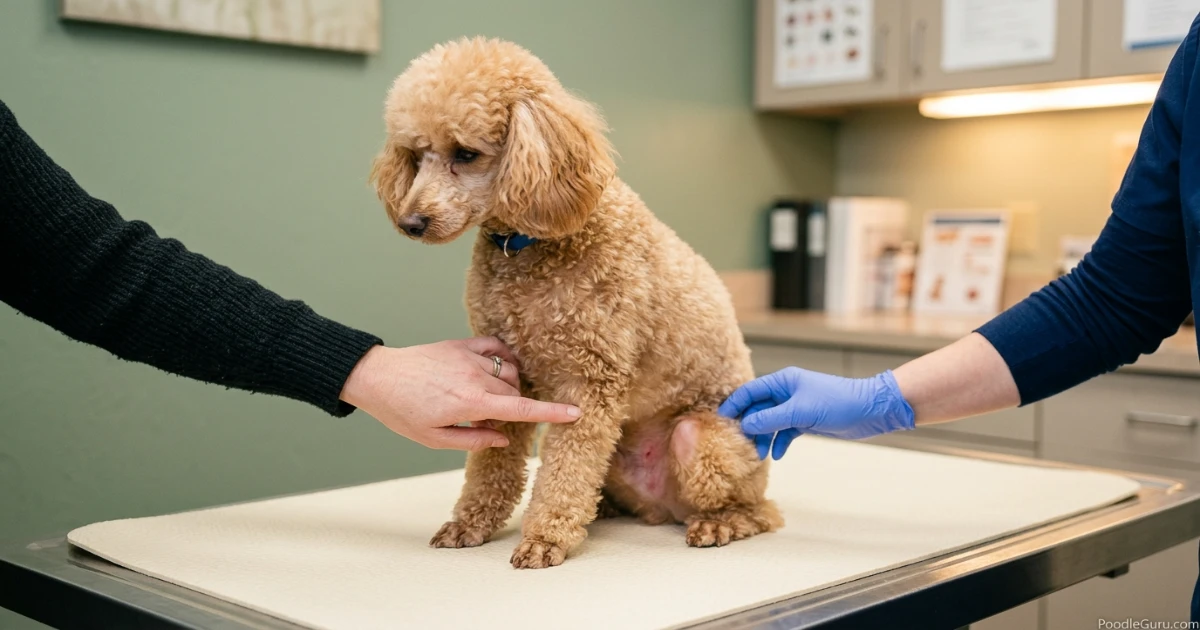 Owner pointing to irritated skin on a Miniature Poodle during a vet exam — mapping poodle skin allergy symptoms helps diagnosis