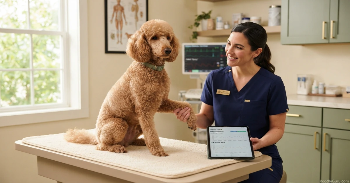 Apricot Standard Poodle during a calm veterinary wellness checkup related to kidney health monitoring