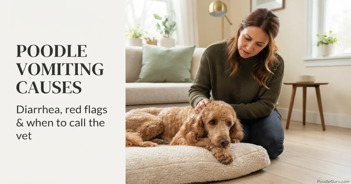 Owner checking on a quiet Standard Poodle — understanding poodle vomiting causes helps owners act fast