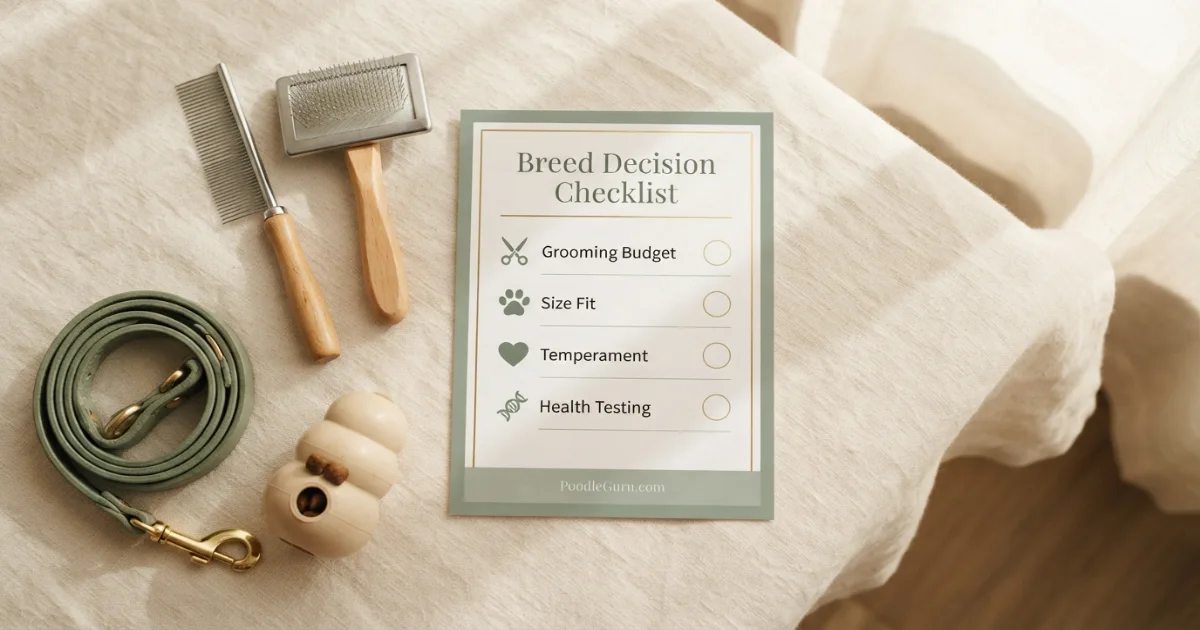 Poodle vs Bichon Frise buyer checklist with grooming brush leash puzzle toy and health notes