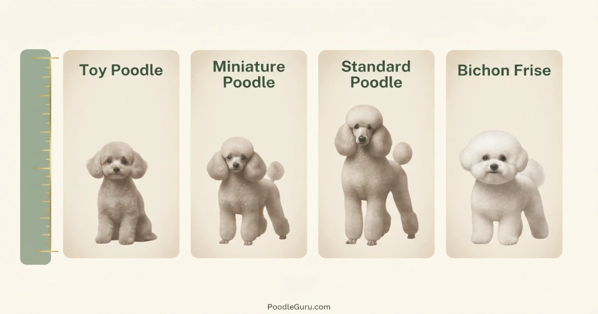 Poodle vs Bichon Frise size comparison chart showing Toy Miniature Standard Poodle and Bichon Frise