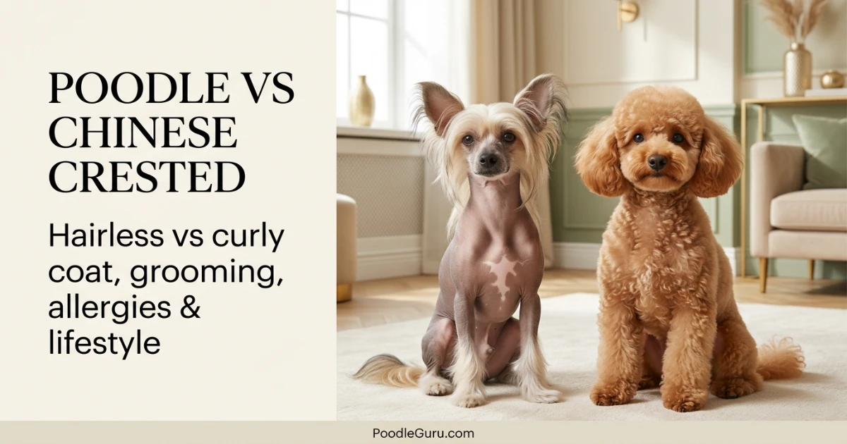 Apricot Toy Poodle and hairless Chinese Crested posing together for a hypoallergenic breed comparison