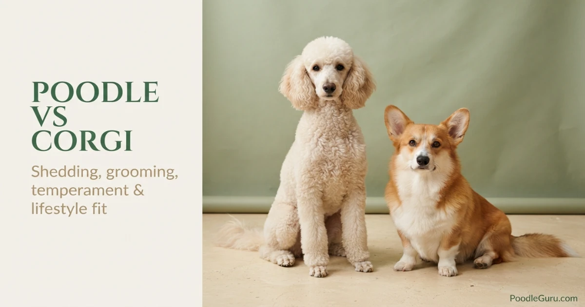 Standard Poodle and Pembroke Welsh Corgi sitting side by side for a poodle vs corgi lifestyle comparison