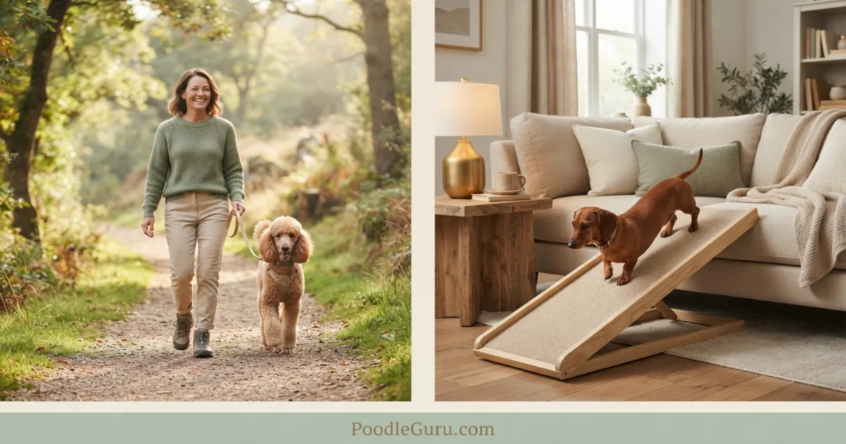Poodle hiking with owner and Dachshund using a ramp at home — contrasting the ideal activities for each breed