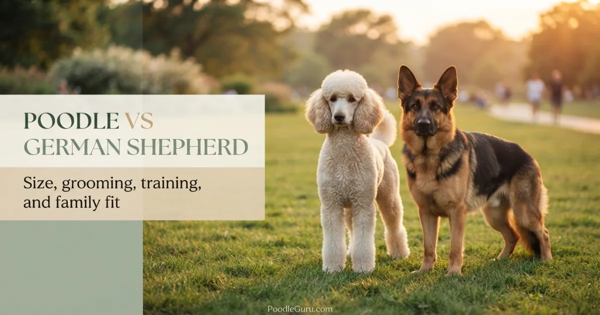 Standard Poodle and German Shepherd side by side in a park for poodle vs German Shepherd breed comparison