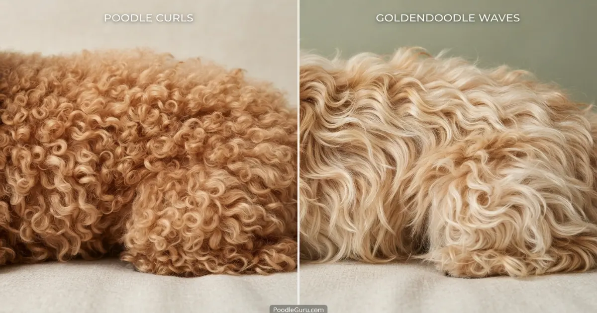 Close-up comparison of dense Poodle curls next to wavy Goldendoodle coat texture
