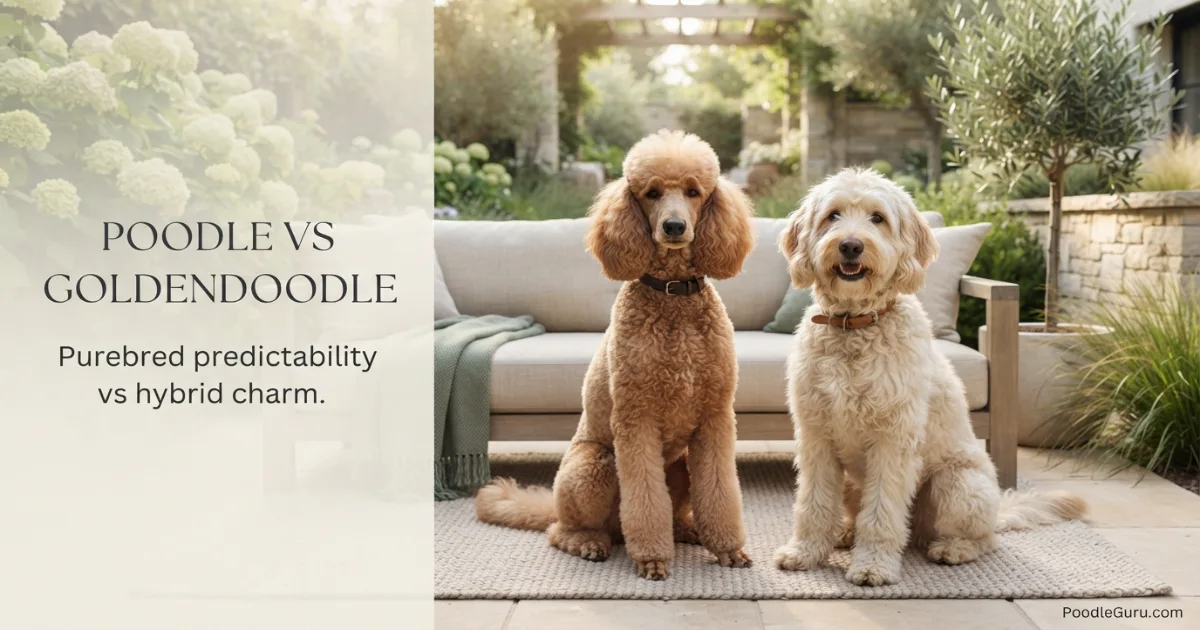 Poodle vs Goldendoodle side-by-side breed comparison with a purebred Standard Poodle and cream Goldendoodle