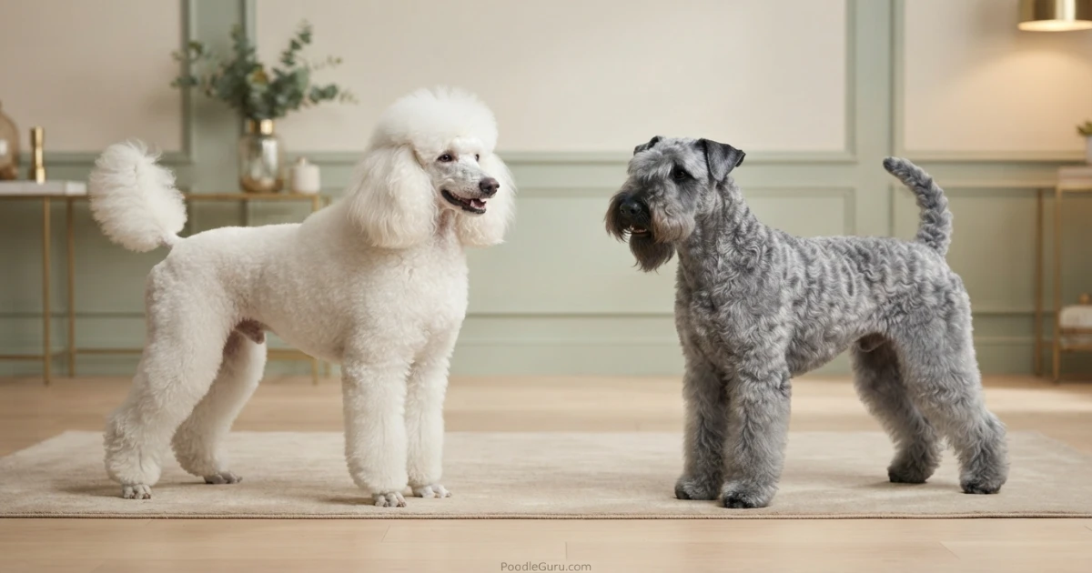 Poodle and Kerry Blue Terrier side by side for hypoallergenic breed comparison