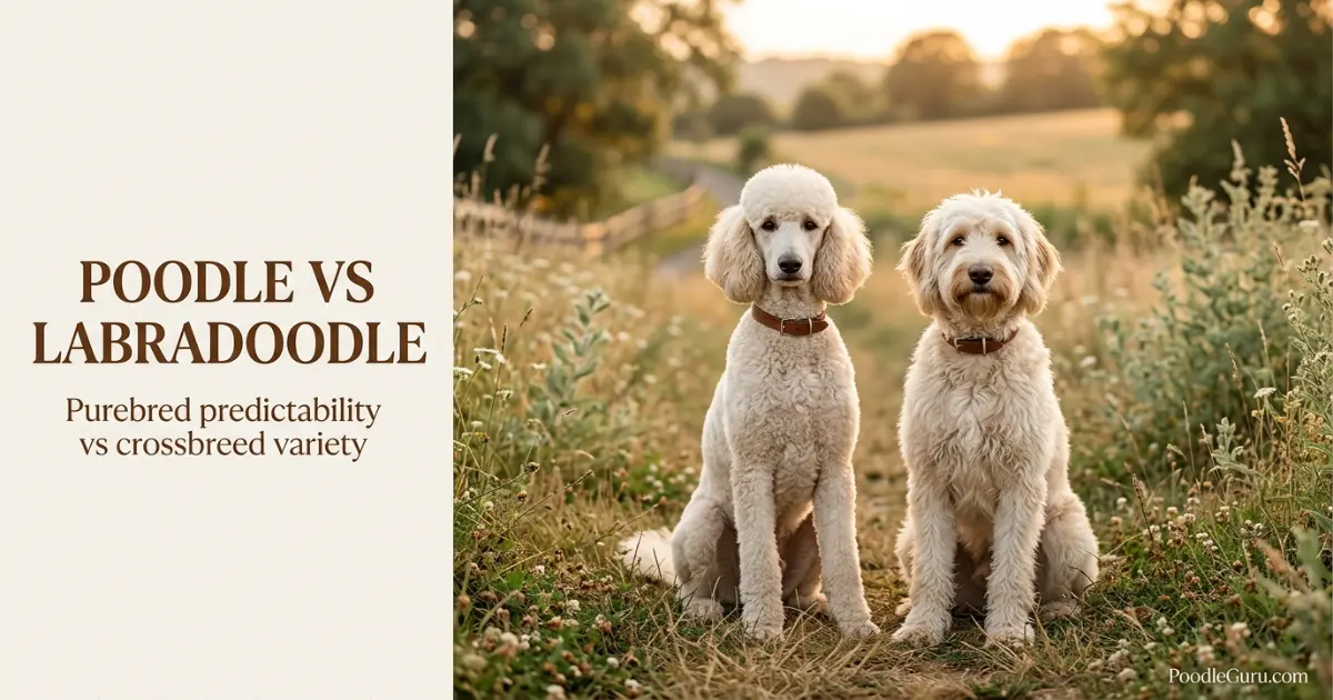 Poodle vs Labradoodle side-by-side comparison outdoors in natural light
