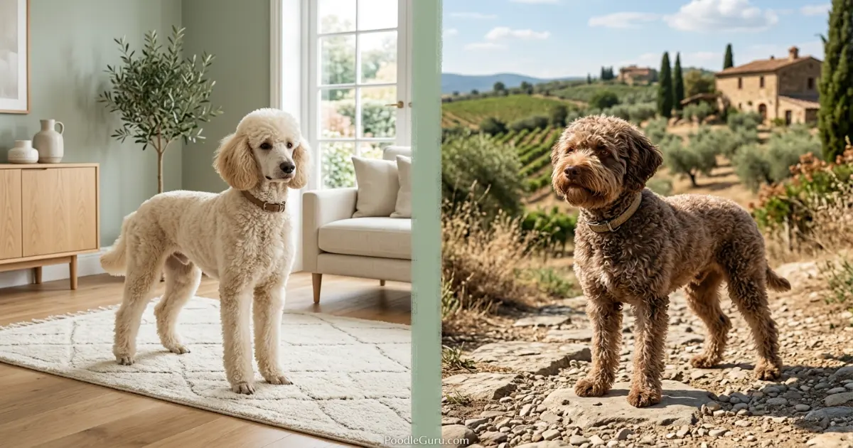 Poodle vs Lagotto Romagnolo heritage contrast with cream Poodle indoors and brown Lagotto outdoors