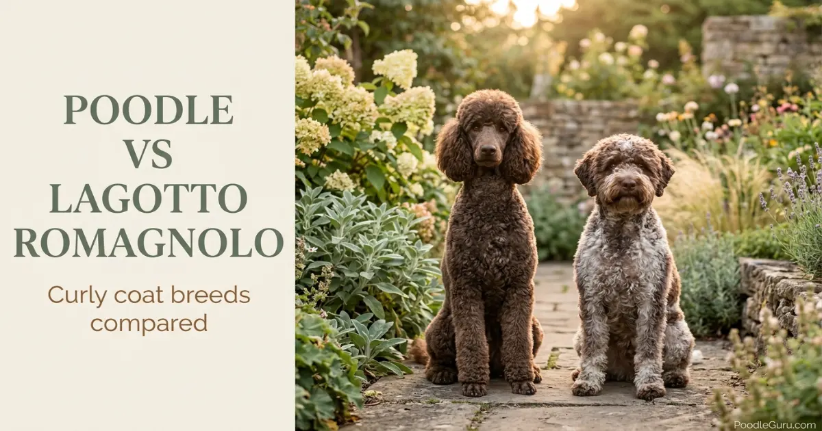 Poodle vs Lagotto Romagnolo comparison showing brown Standard Poodle and brown roan Lagotto side by side