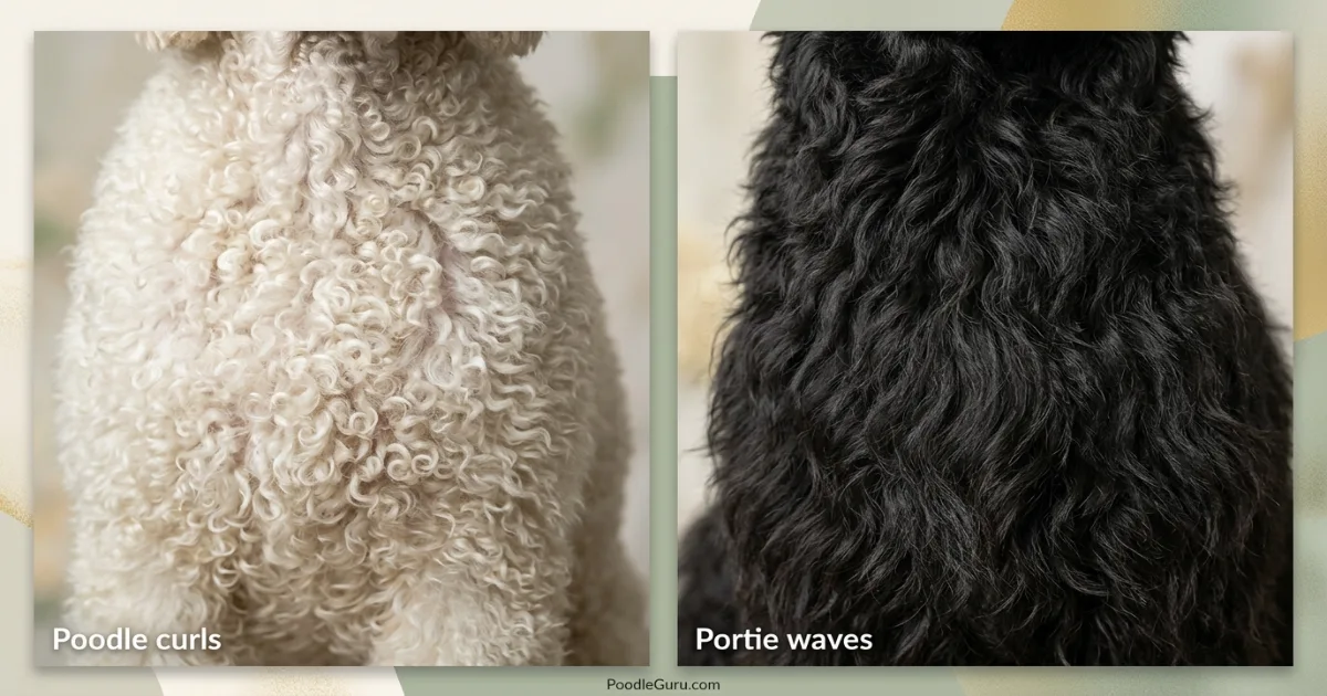 Side-by-side close-up of Poodle dense curls and Portuguese Water Dog wavy coat