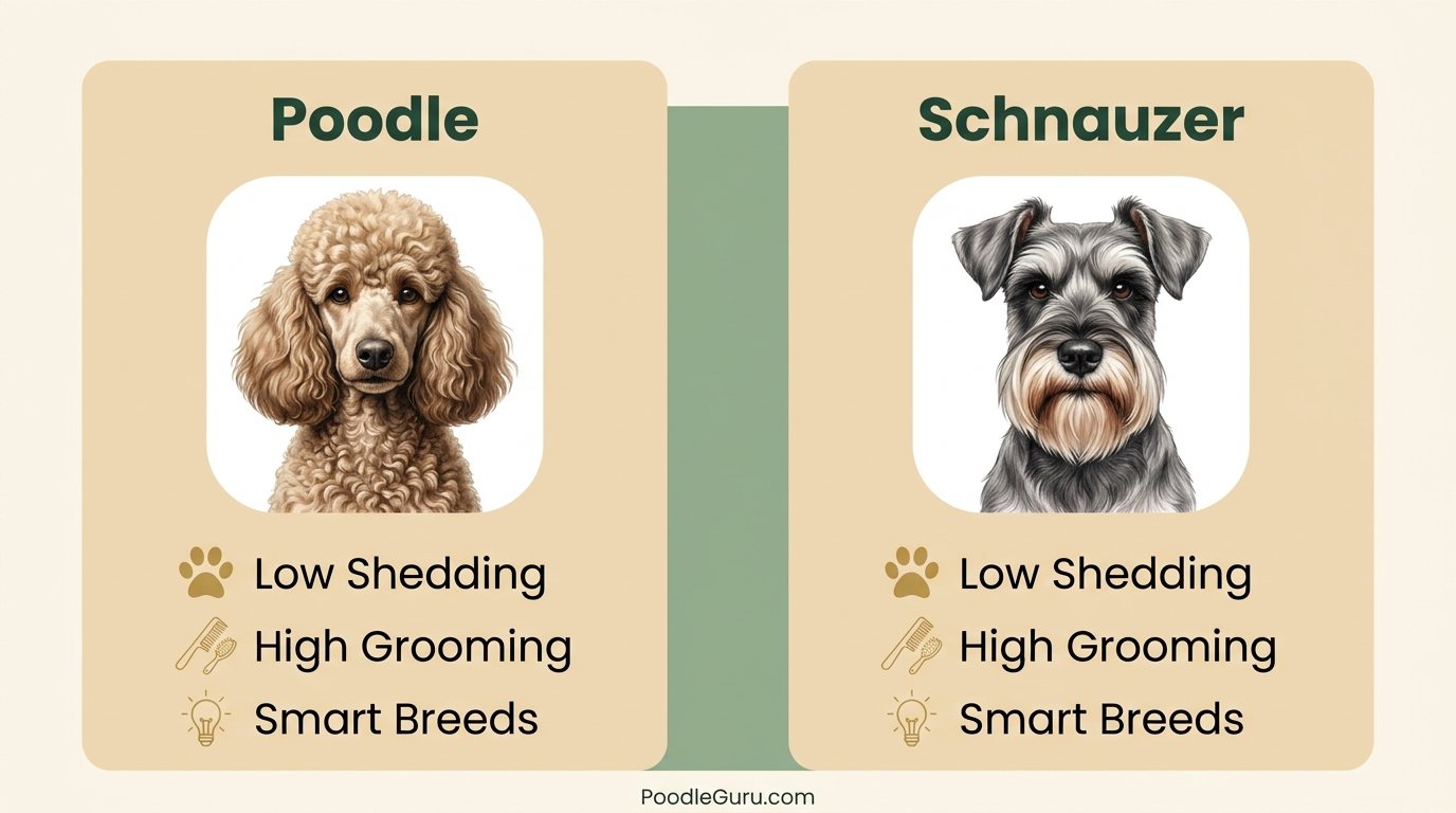 Close-up macro comparison of Poodle curly coat texture and Schnauzer wiry coat texture