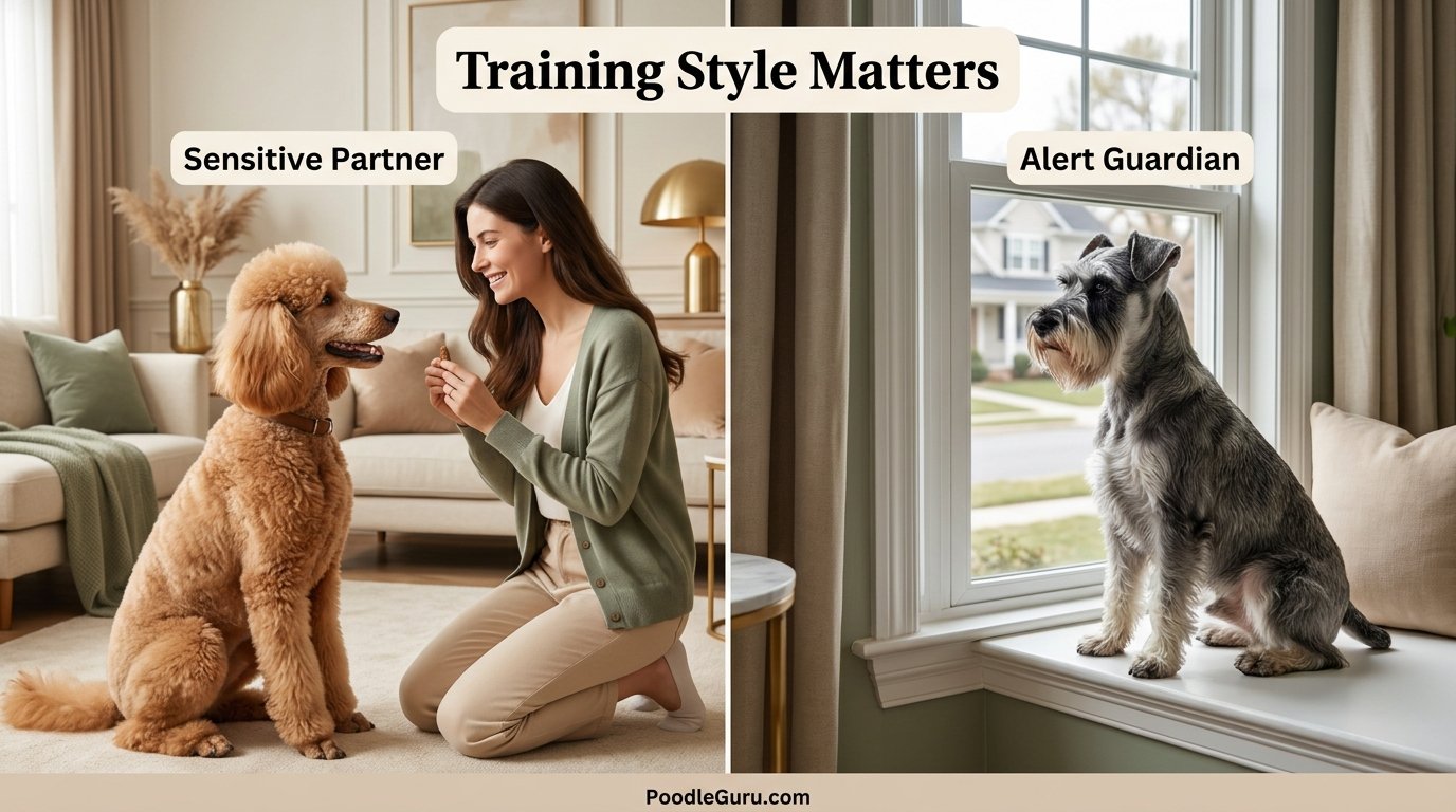 Decision guide visual for choosing between a Poodle and Schnauzer