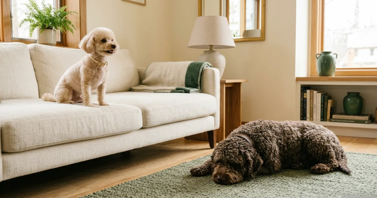 Poodle vs Spanish Water Dog home lifestyle comparison with Toy Poodle pet trim and Spanish Water Dog corded coat