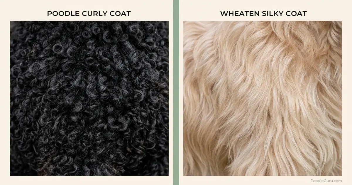 Side-by-side Poodle vs Wheaten Terrier coat texture comparison showing curly Poodle coat and silky Wheaten coat