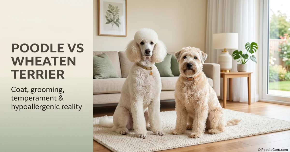 White Standard Poodle next to a Wheaten Terrier sitting side by side indoors for a Poodle vs Wheaten Terrier comparison