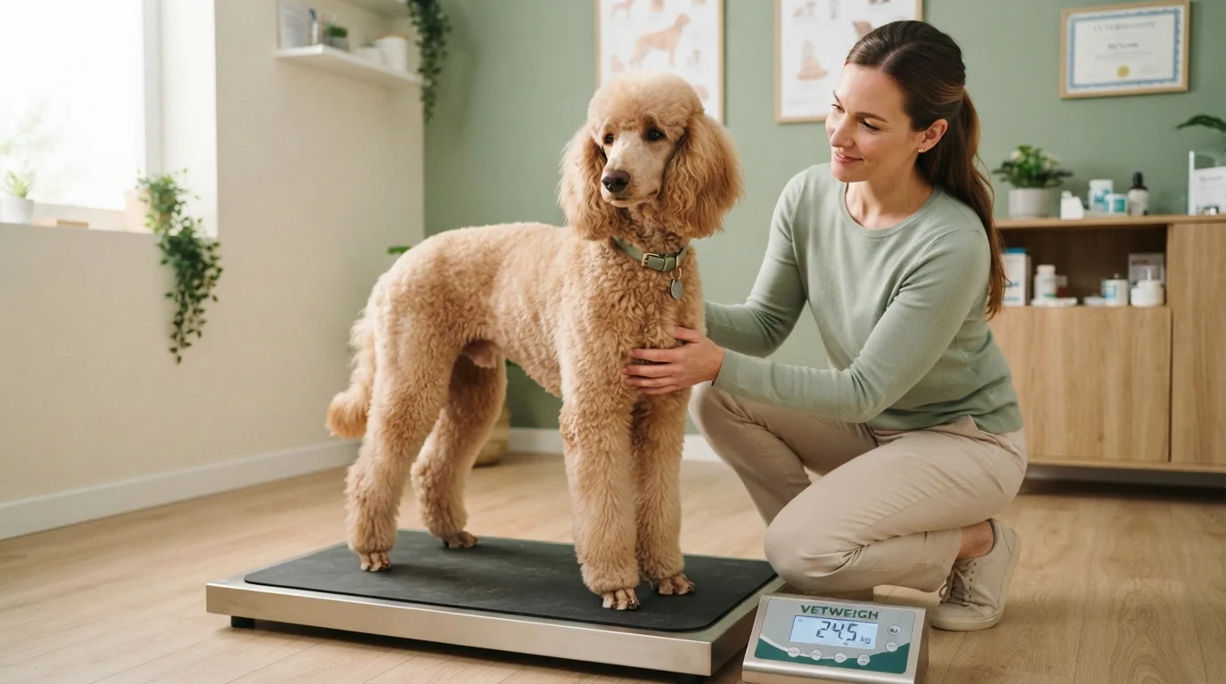 Standard poodle being weighed on a digital scale for weight tracking