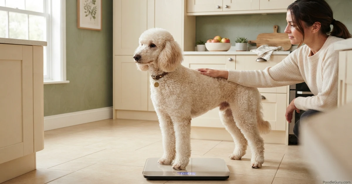 Poodle being weighed on a digital pet scale as part of a weight loss plan
