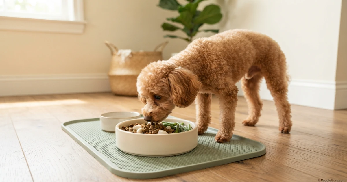 Poodle eating a portion-controlled meal with green beans for weight loss