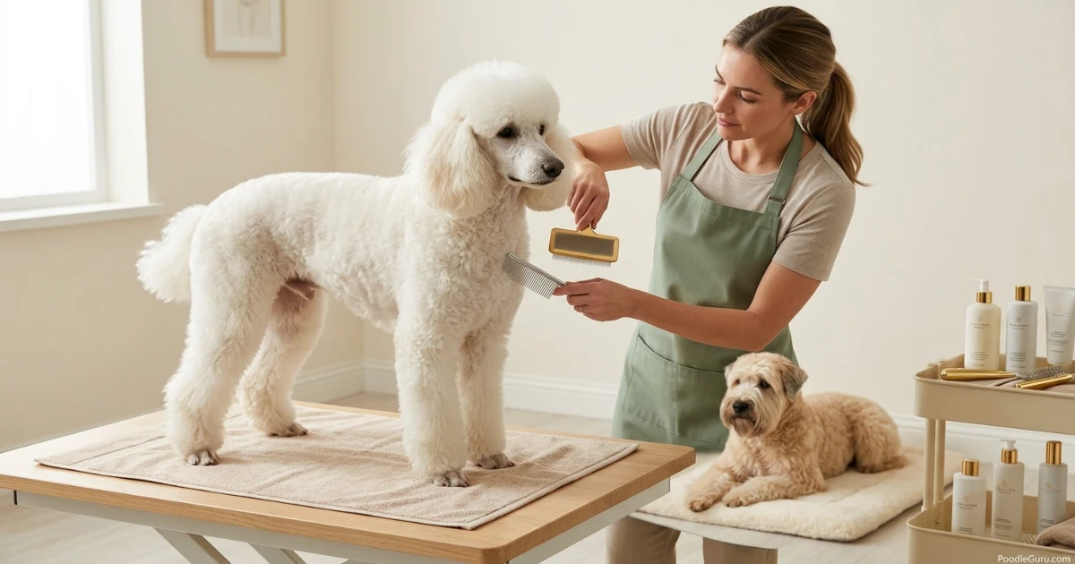 Poodle vs Wheaten Terrier grooming routine comparison with groomer brushing a Poodle and Wheaten waiting nearby
