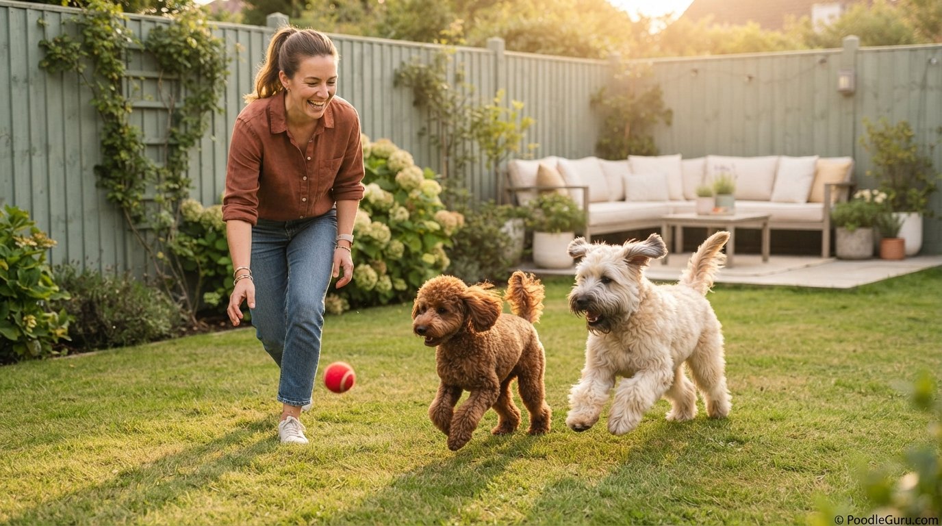 Poodle vs Wheaten Terrier temperament and play style comparison in a backyard fetch scene