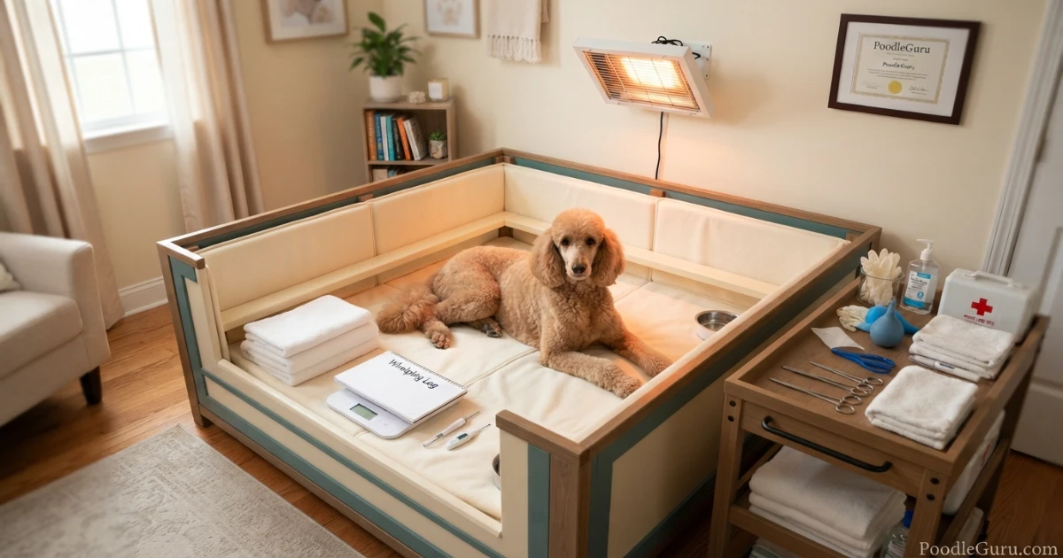 Whelping box setup for a poodle with washable pads, pig rails, and heat lamp in a quiet room