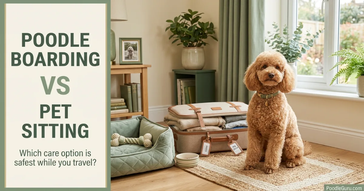 Miniature Poodle beside suitcase illustrating poodle boarding vs pet sitting choice