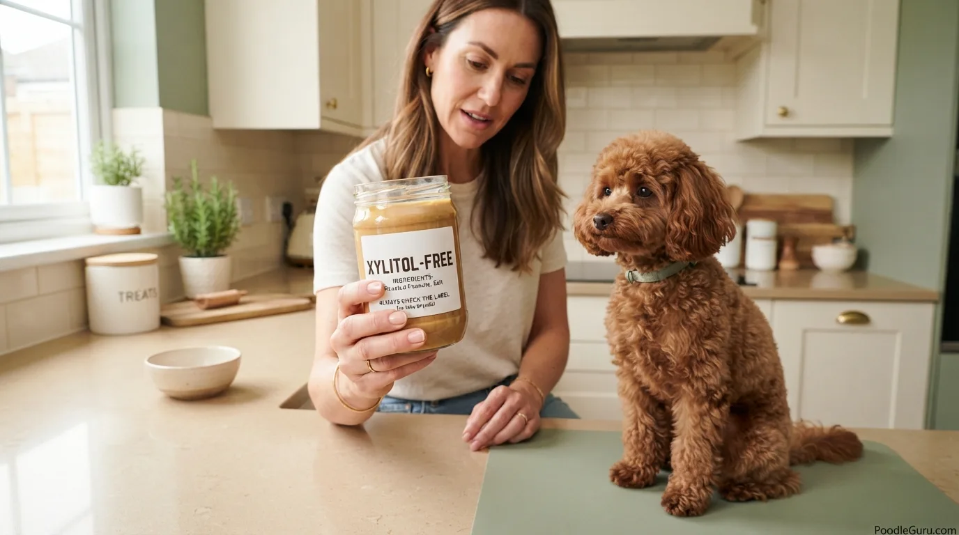 Toy Poodle near a xylitol-free peanut butter jar safety check