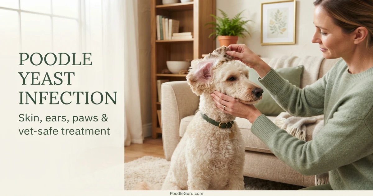 Owner examining a poodle's ear for yeast infection symptoms like redness and discharge