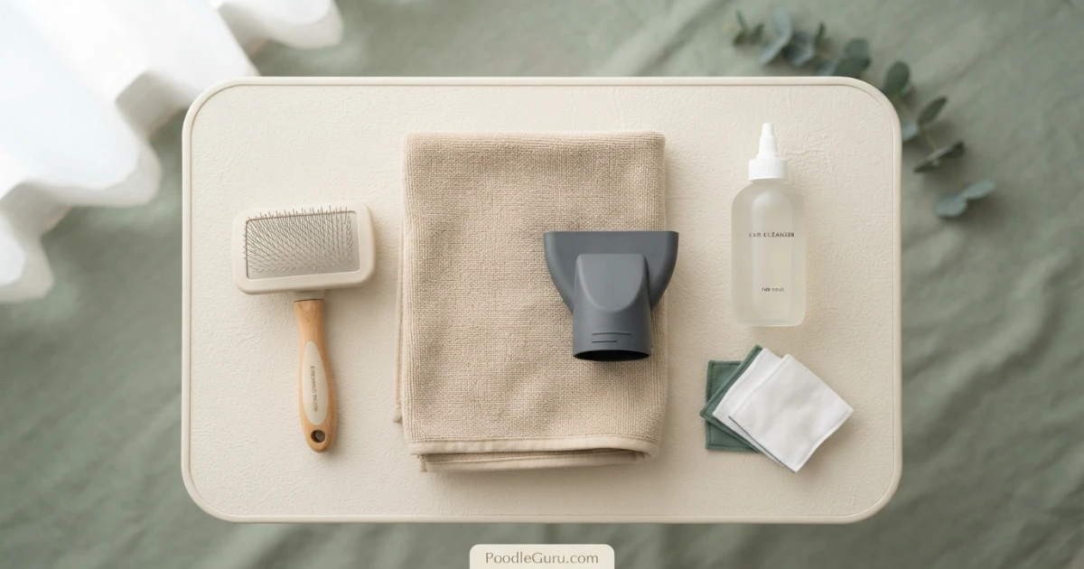 Grooming tools for preventing poodle yeast infections: high-velocity dryer, ear cleanser, microfiber towel