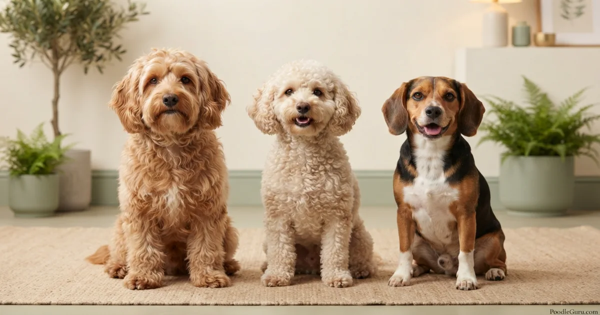 Three Poogle dogs showing different coat types from wavy to curly to straight