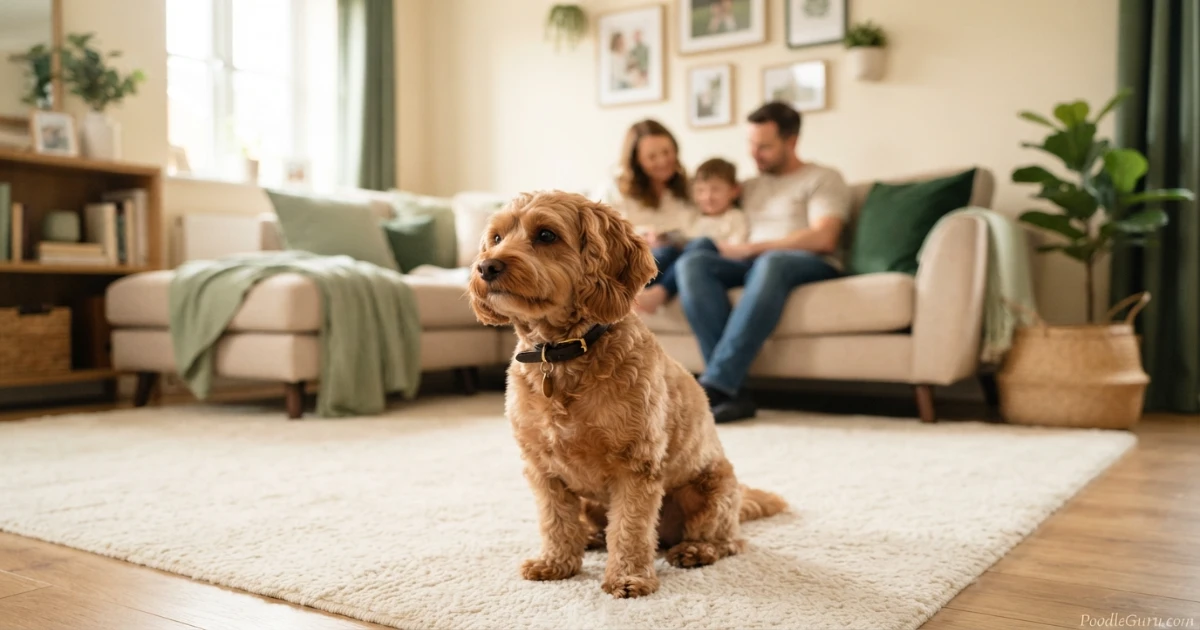 Poogle dog relaxing in a family living room with natural light