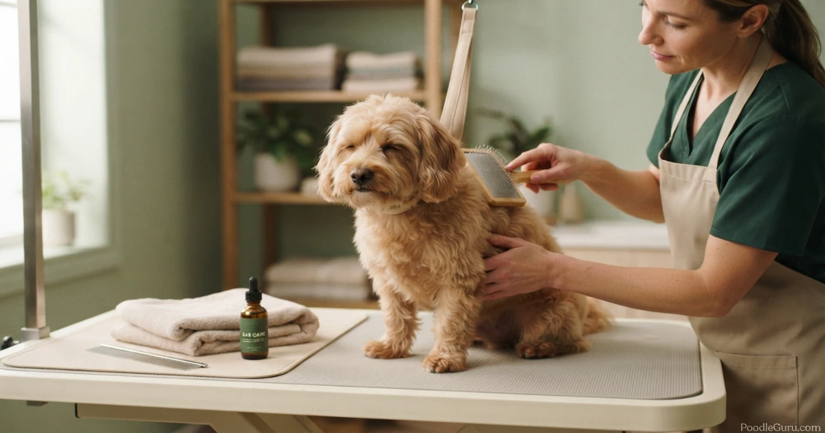 Poogle dog being brushed during a calm at-home grooming session