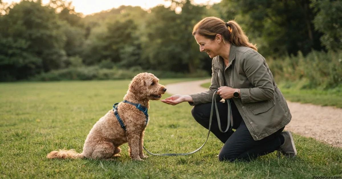 Poogle on a long training line looking attentively at owner during outdoor session