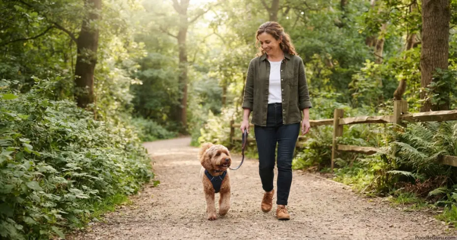 Poogle walking calmly beside owner on a shaded tree-lined path