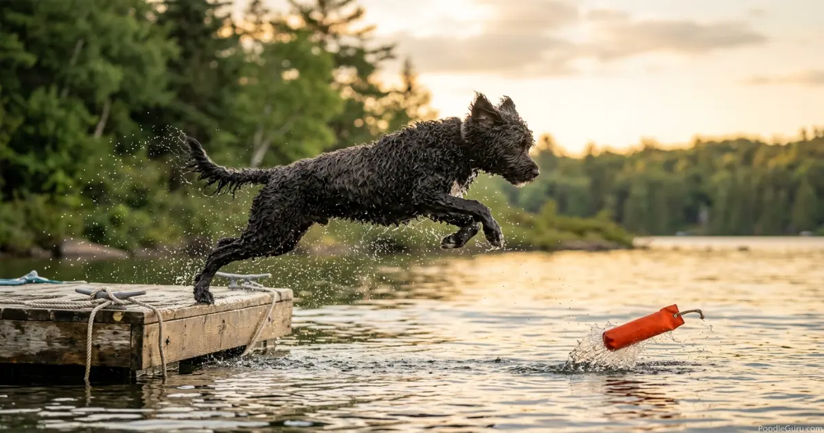 Portuguese Water Dog jumping into a lake to retrieve, showing powerful build and love of water