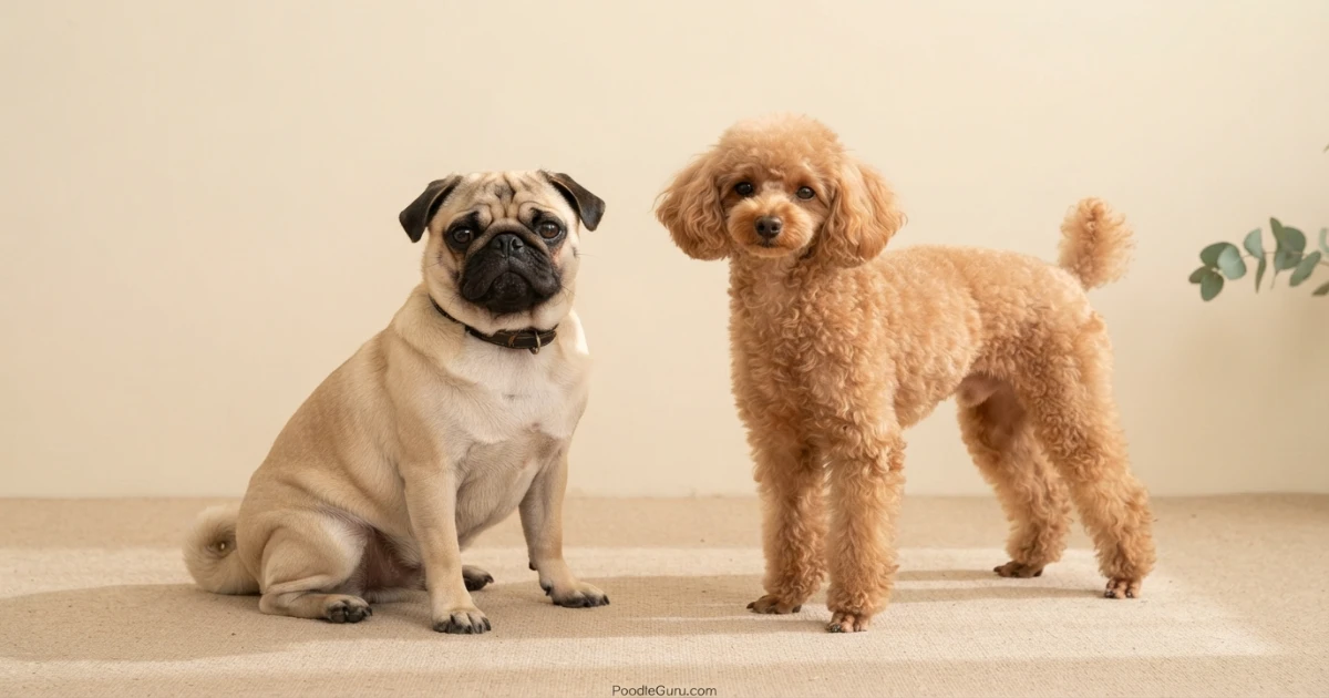 Fawn black and cream Pugapoo puppies showing coat color variety
