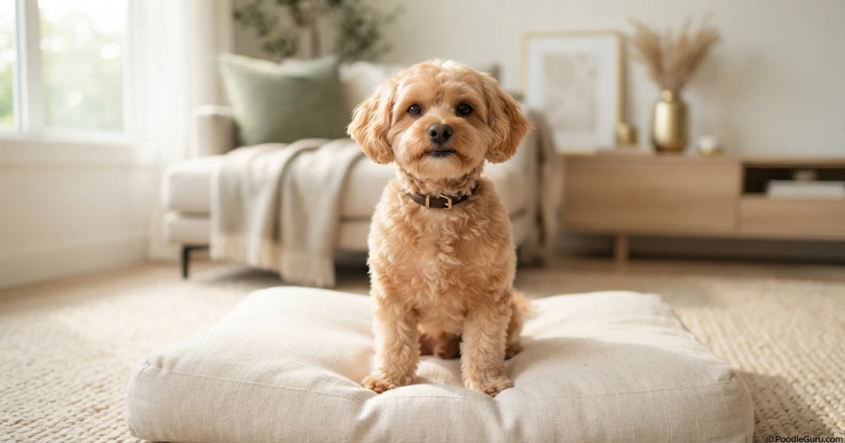 Apricot Pugapoo dog on a cream bed for Pug Poodle mix guide