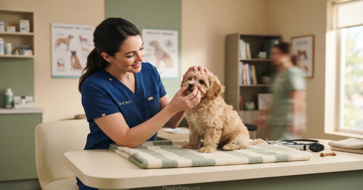 Veterinarian gently checking a Pugapoo puppy muzzle and breathing structure