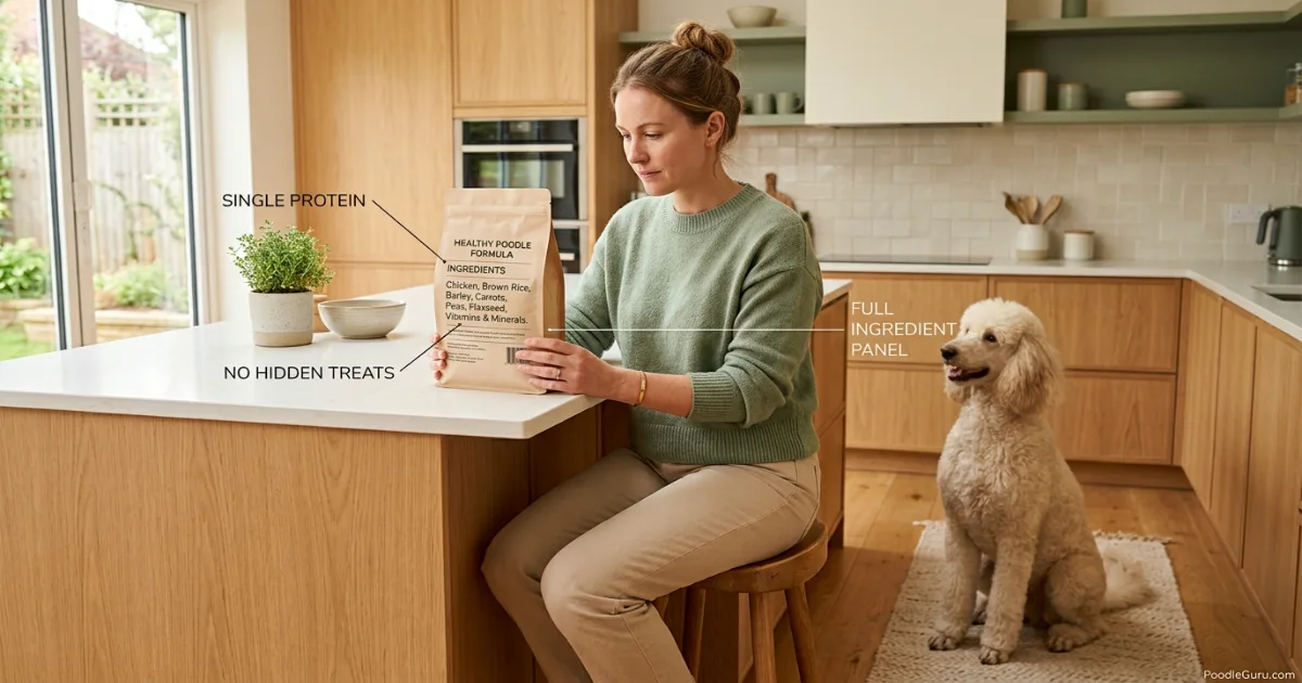 Owner reading ingredient label to choose the best hypoallergenic dog food for poodles