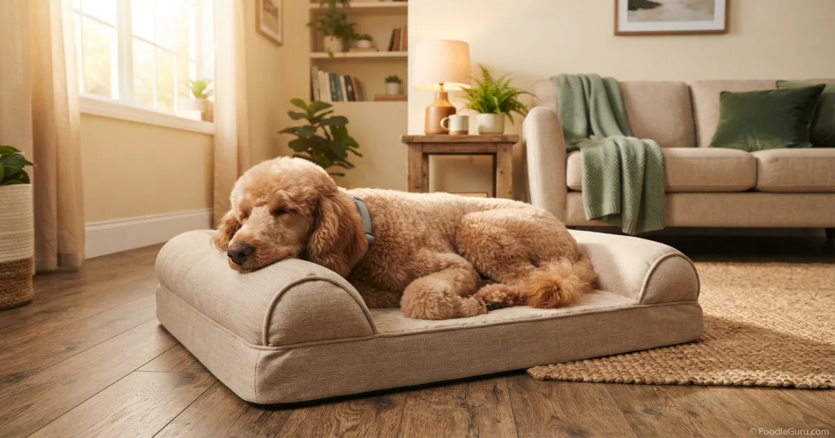 Standard Poodle rescue resting on a new bed on its first day home after adoption