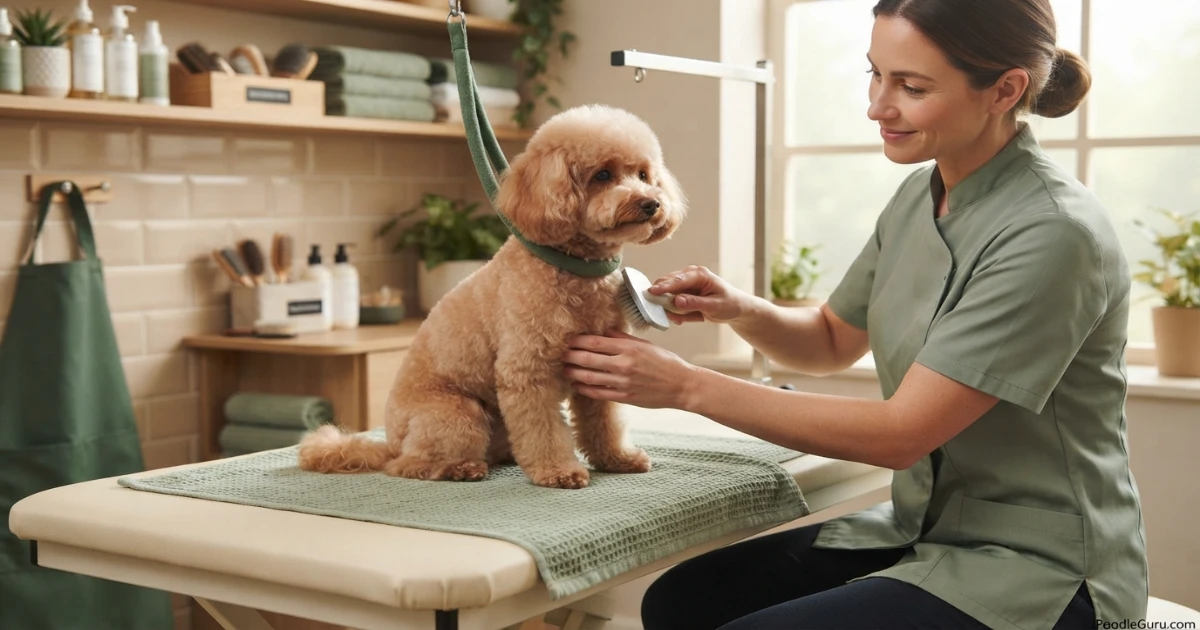 Rescued Toy Poodle receiving its first post-adoption grooming