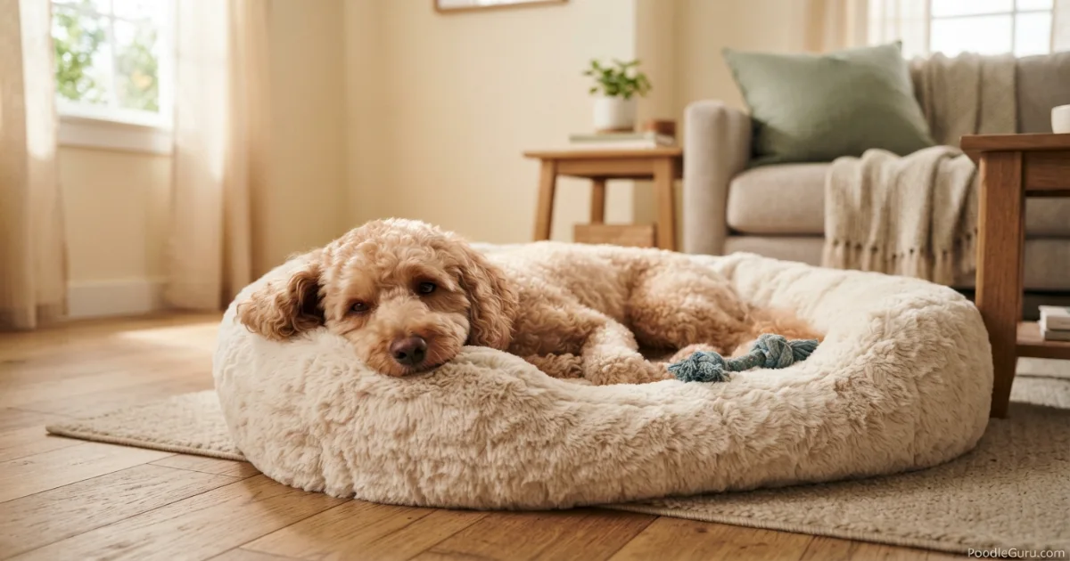 Adult apricot rescue poodle resting on a cream dog bed in a calm, naturally lit room