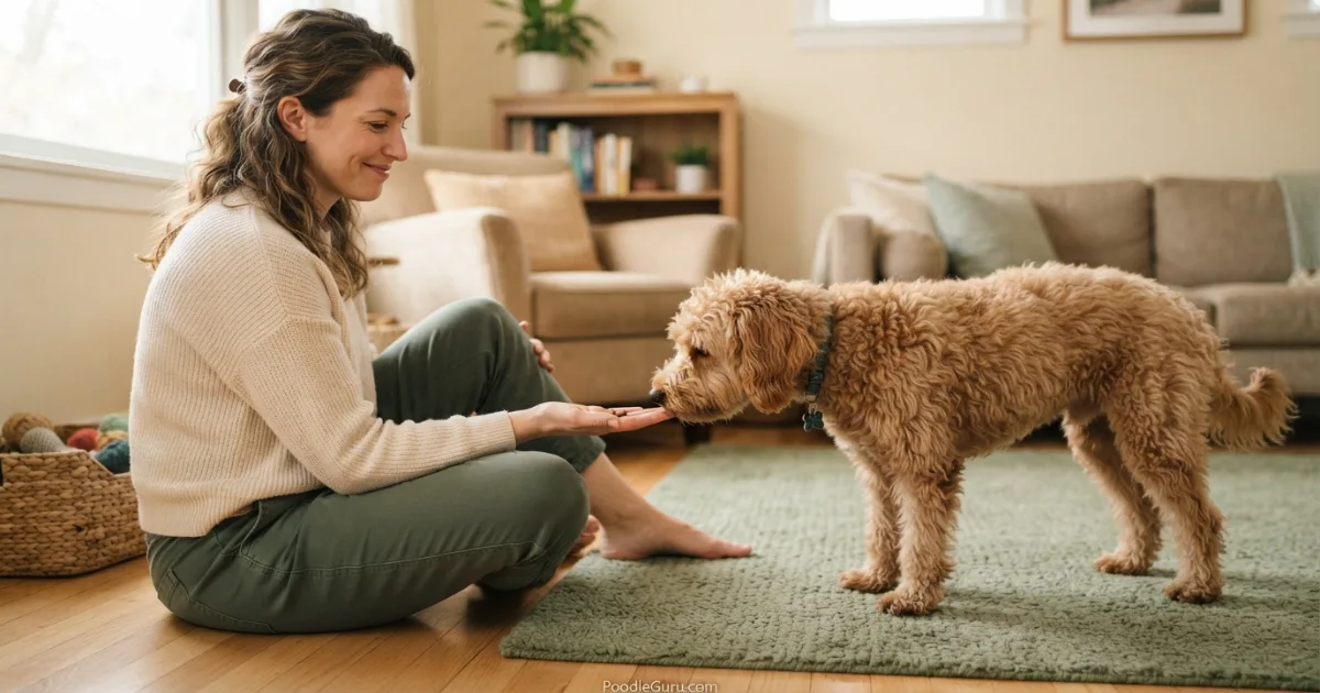 Person offering a treat to a cautious rescue poodle from a non-threatening posture on the floor