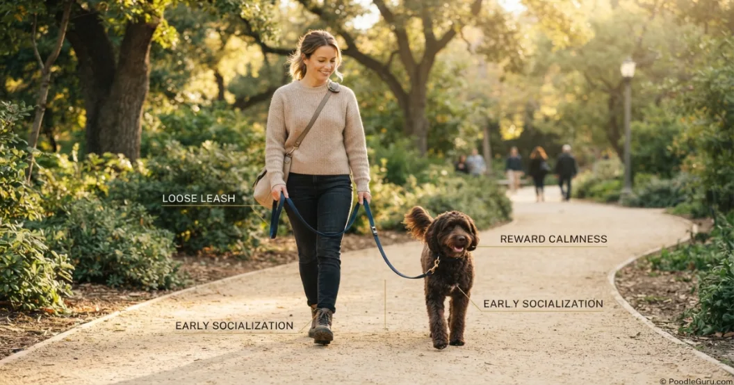 Rottle walking calmly on loose leash during training in park