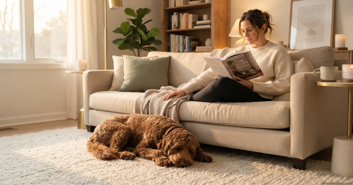 Rottle resting calmly beside owner as family companion at home