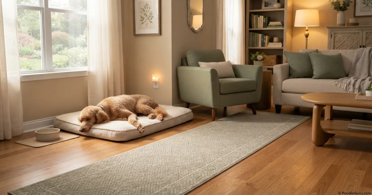 Living room with non-slip runner and consistent furniture layout designed for a poodle with vision loss
