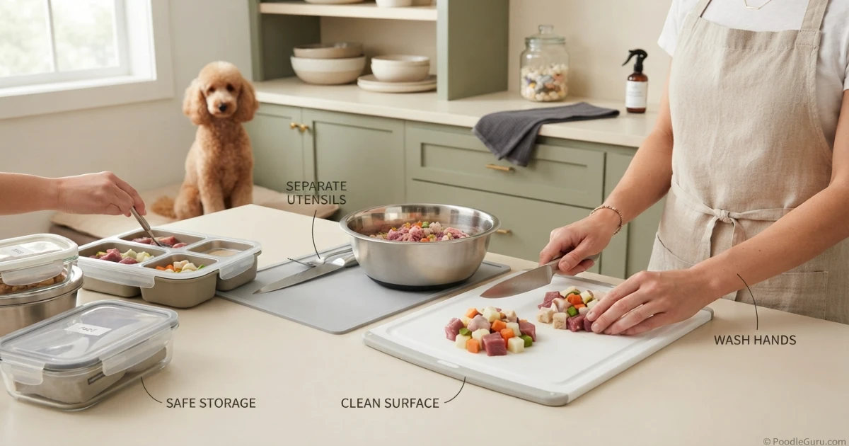 Safe raw dog food preparation for poodles in a clean kitchen